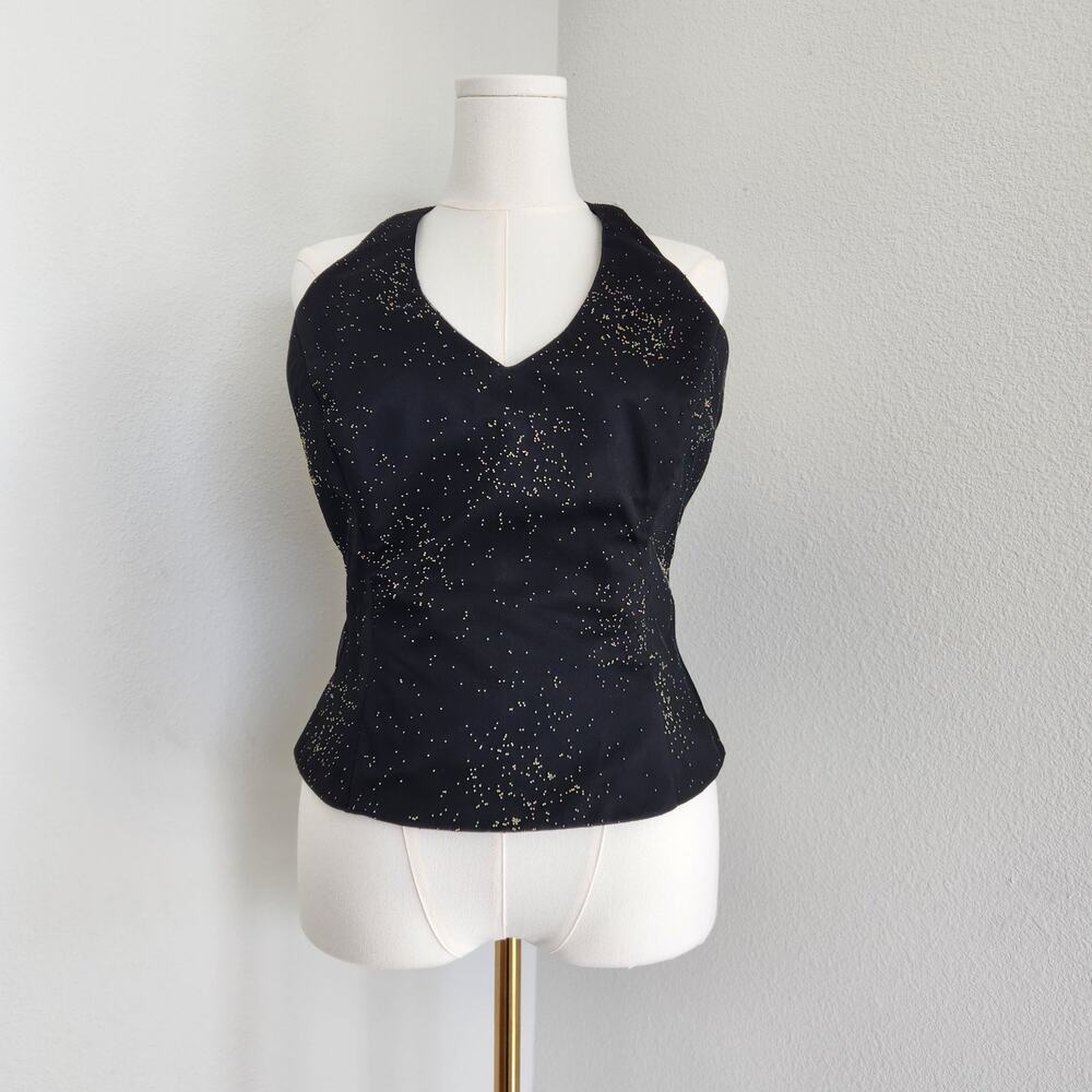 Vintage Crimson Black Tulle Halter Top Metal Beaded V-Neck L